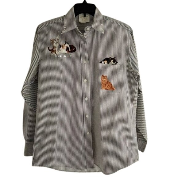 Vintage Oversized Striped Cat Shirt with Studded Collar Women’s oversized Small - Picture 1 of 10